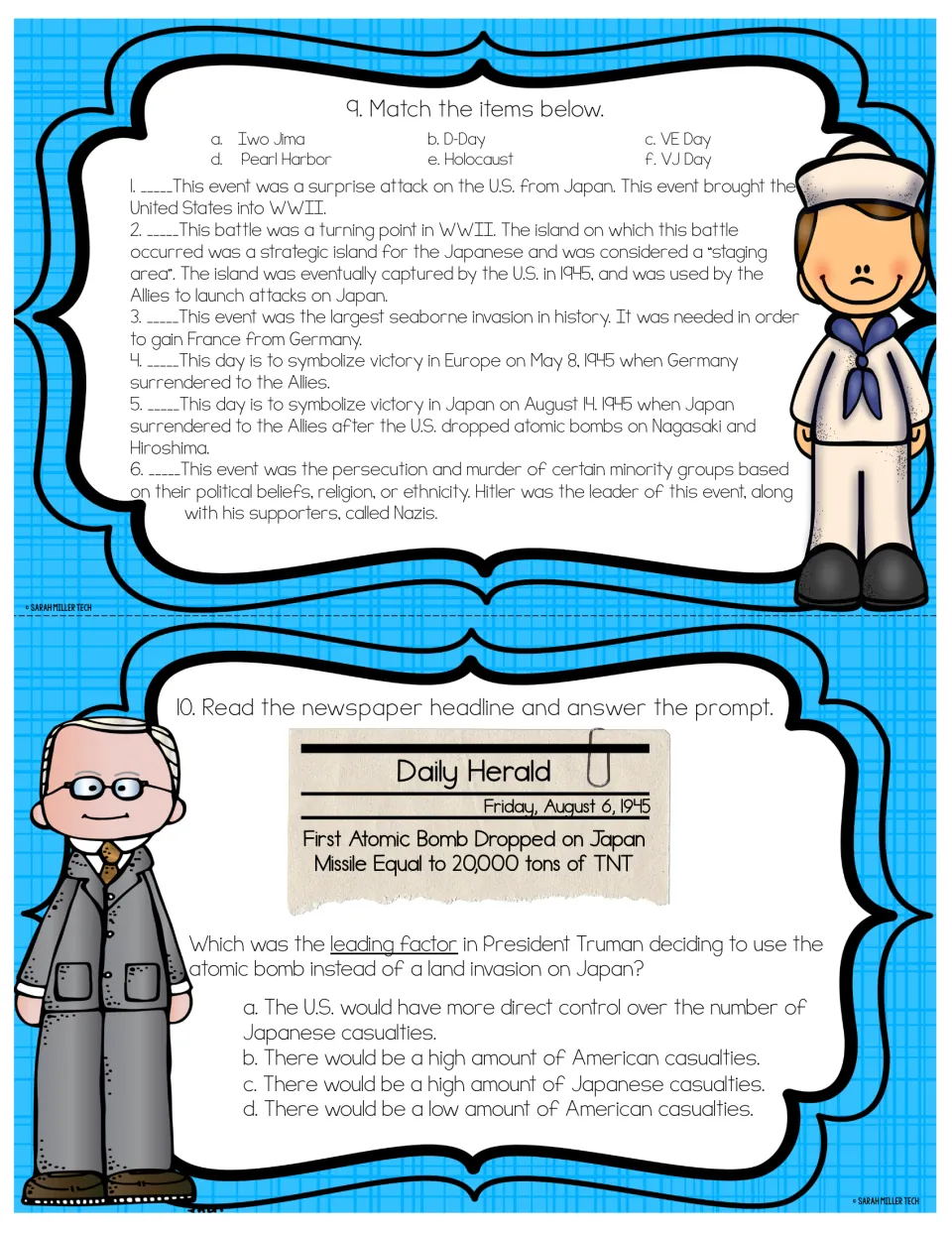 Social studies task cards 9–10: matching World War II events and a headline question about Truman's atomic bomb use