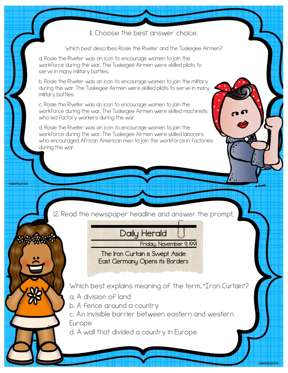 Social studies task cards 11–12: multiple-choice questions on Rosie the Riveter, Tuskegee Airmen, and Iron Curtain