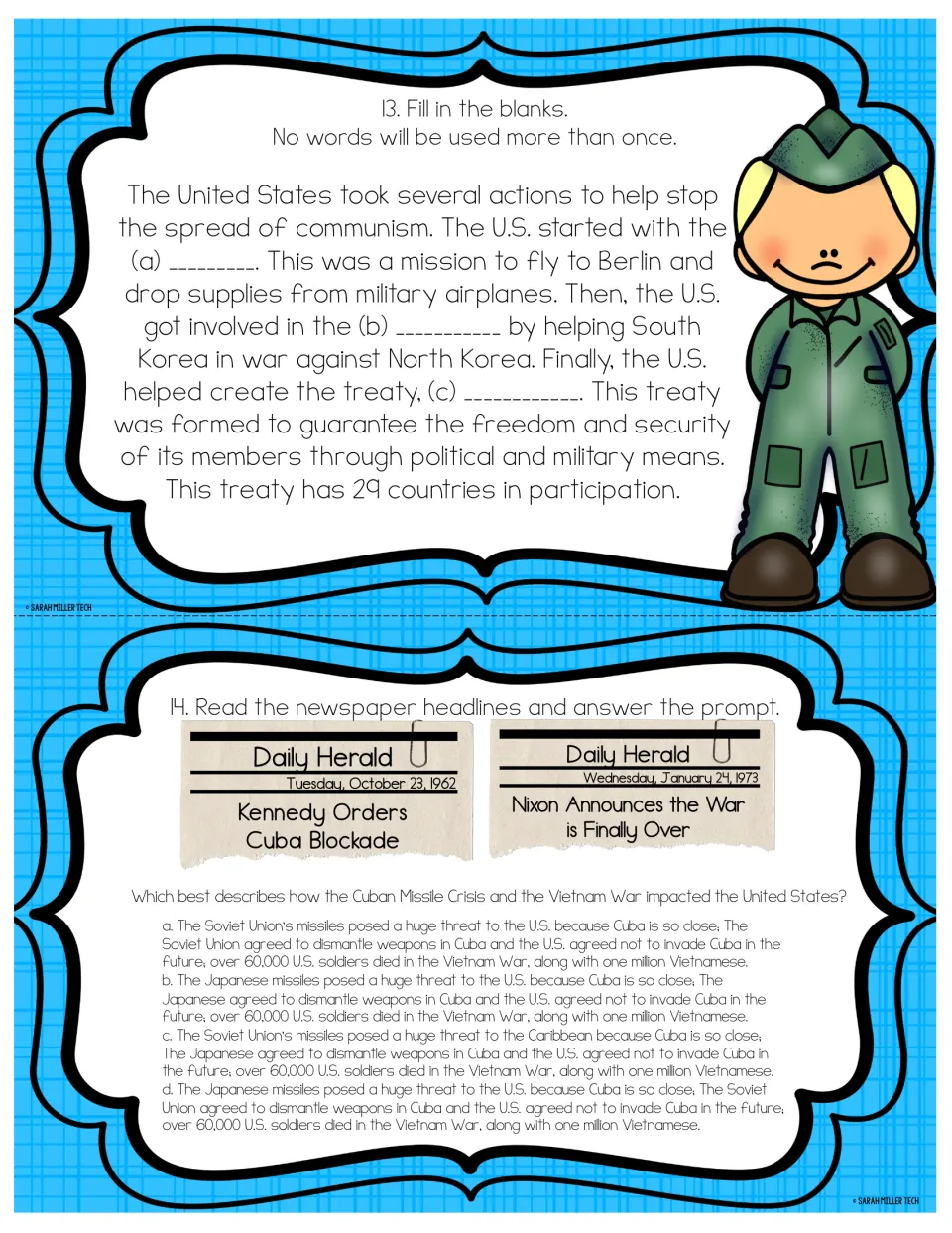 Social studies task cards 13–14: Cold War fill-in-the-blanks and headlines on the Cuban Missile Crisis and Vietnam
