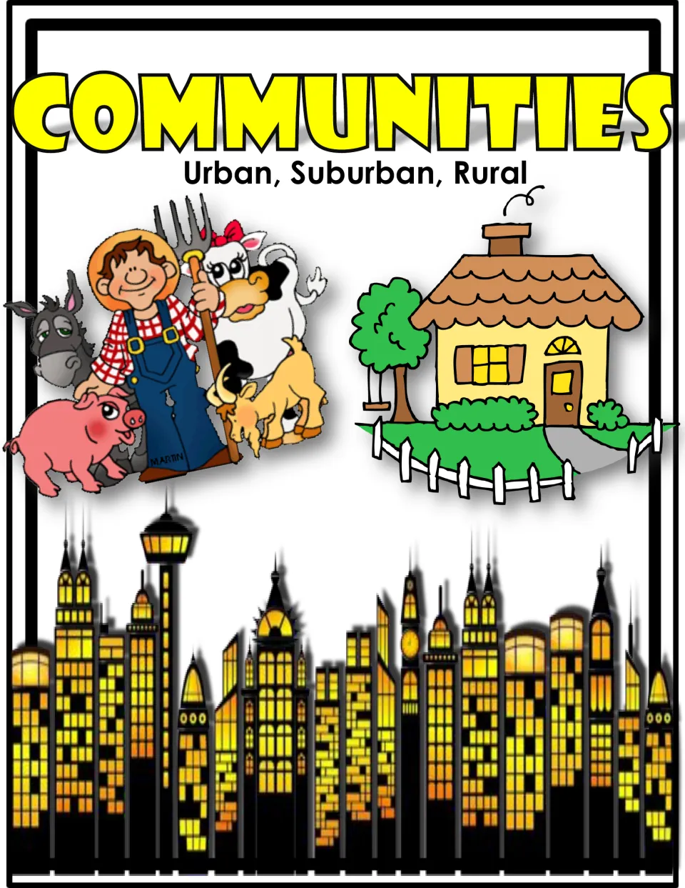 Communities cover: Urban, Suburban, Rural, shown with a farmer and animals, a house with a yard, and a lit city skyline