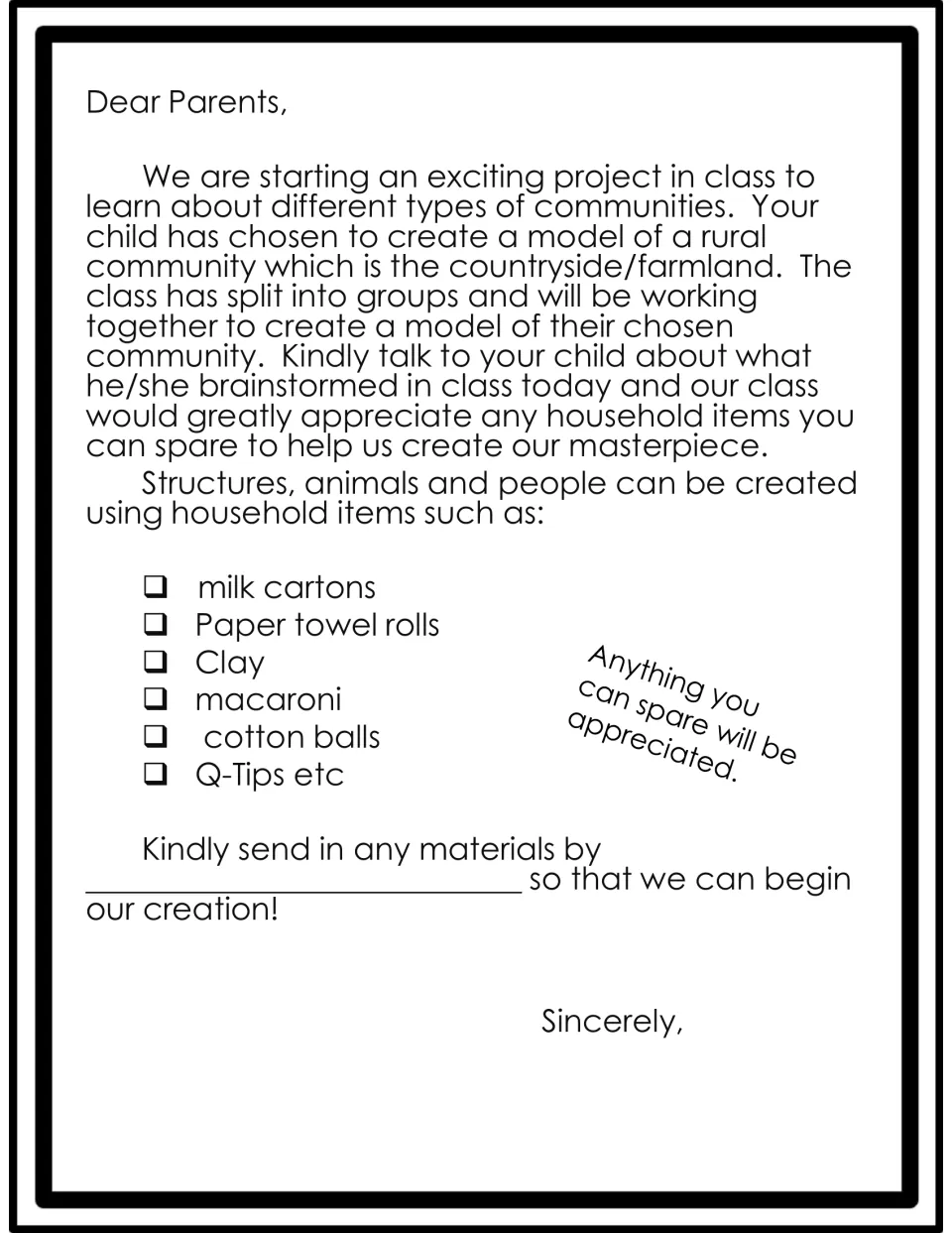 Parent letter for the rural model asking families to send milk cartons, paper towel rolls, clay, macaroni and cotton balls
