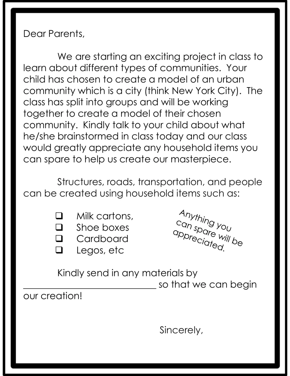 Parent letter for the urban city model requesting milk cartons, shoe boxes, cardboard and Legos, with a send-by date blank