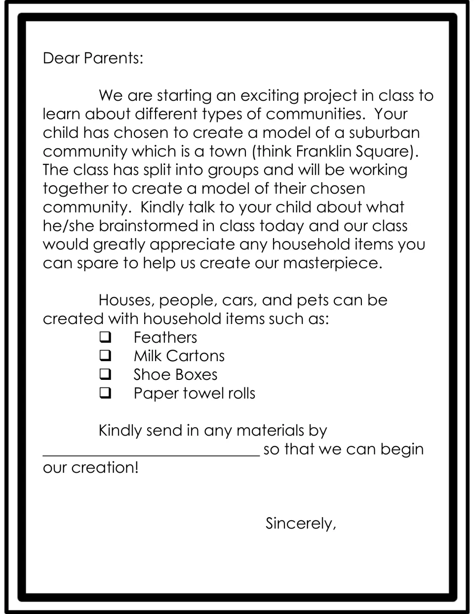 Parent letter for the suburban town model asking for feathers, milk cartons, shoe boxes and paper towel rolls by a set date