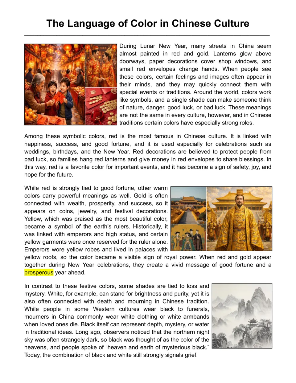 Reading passage opening explains red, gold, yellow, white, and black symbolism in Chinese culture.