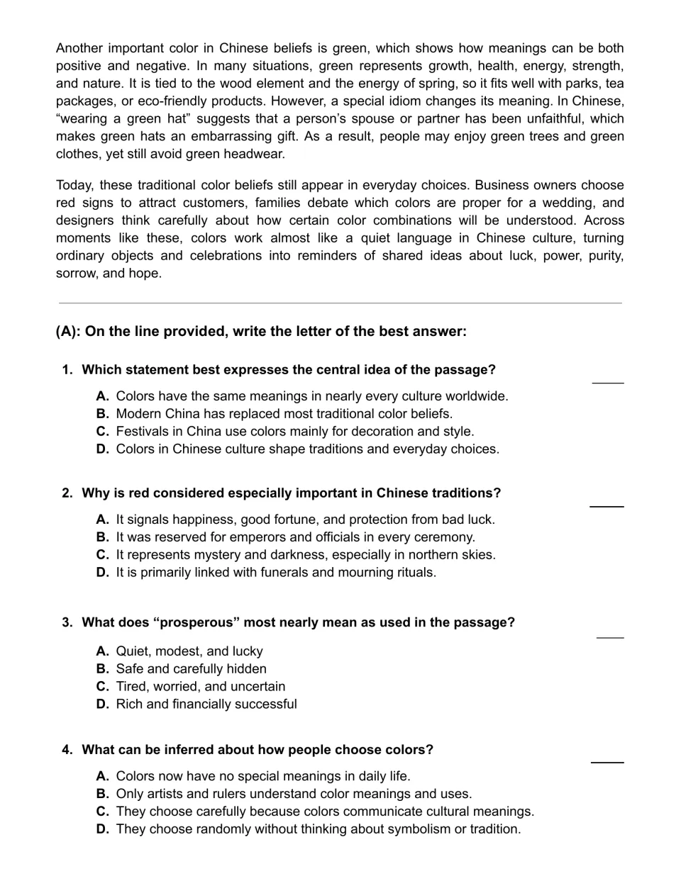 Passage conclusion covers green and everyday color choices, followed by multiple-choice questions 1–4.