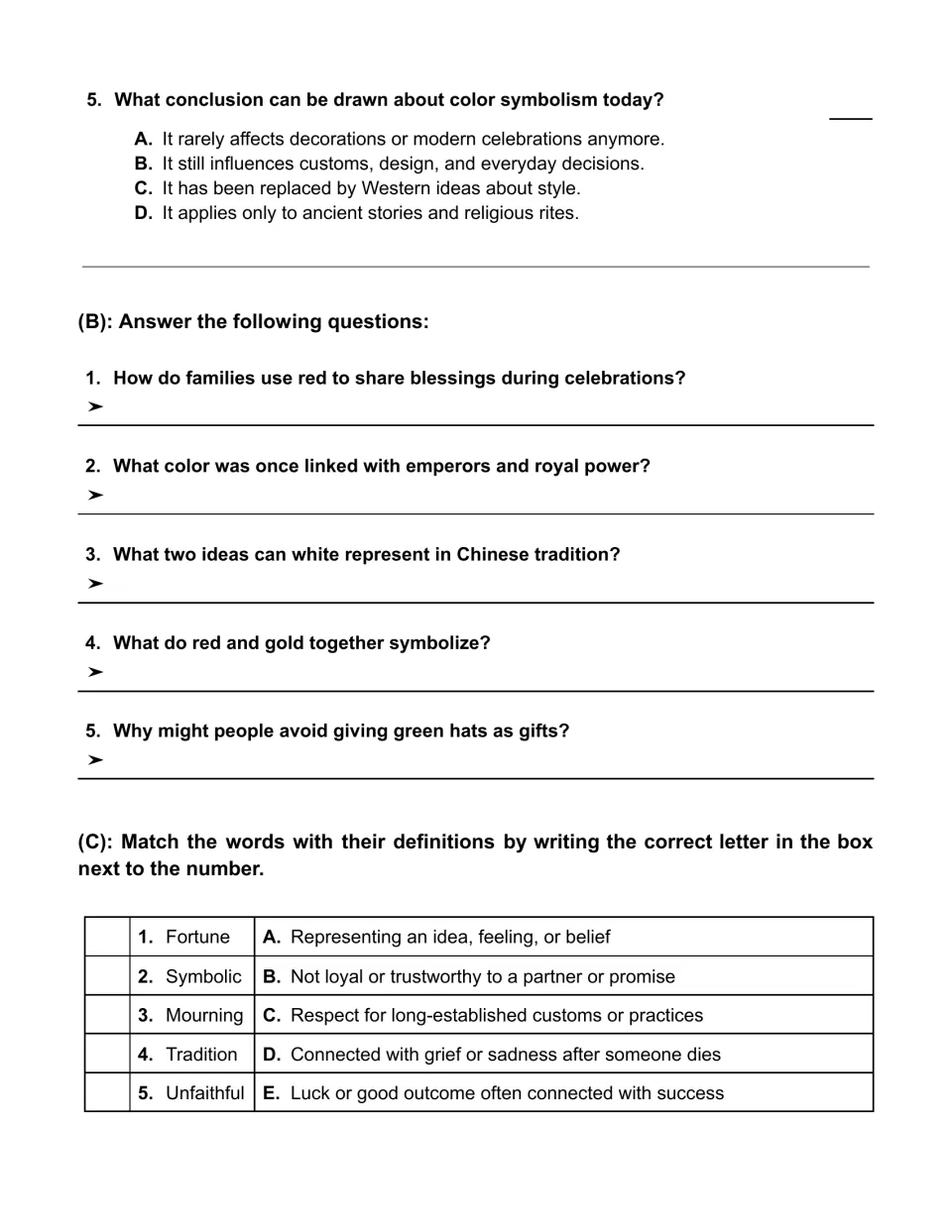 Color symbolism practice continues with question 5, five short-answer questions, and five vocabulary matches.