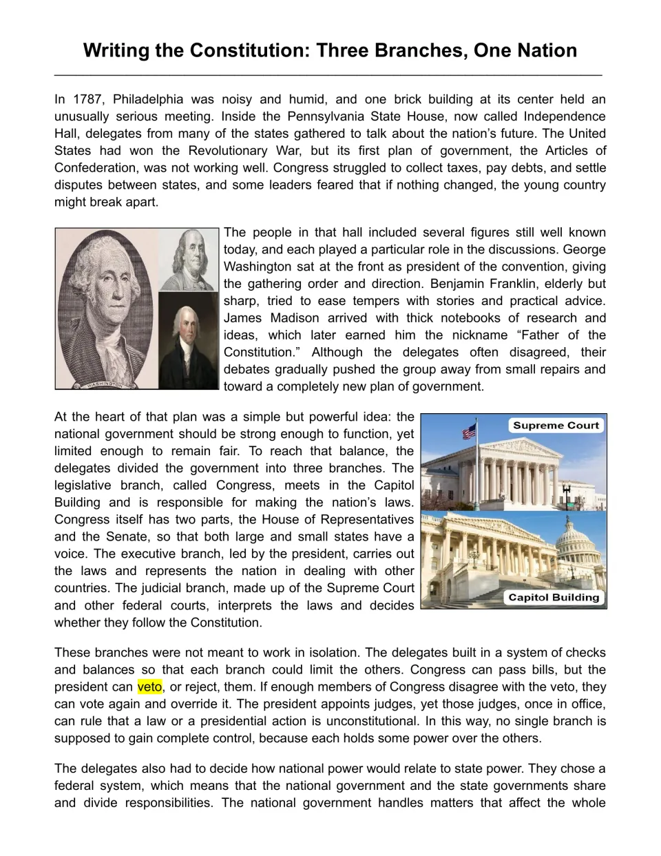 Constitution passage opening: the 1787 convention, three branches, checks and balances, and federalism