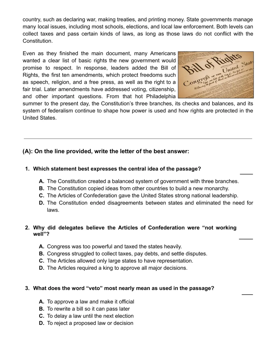 Constitution passage conclusion on federalism and the Bill of Rights, followed by multiple-choice questions 1–3