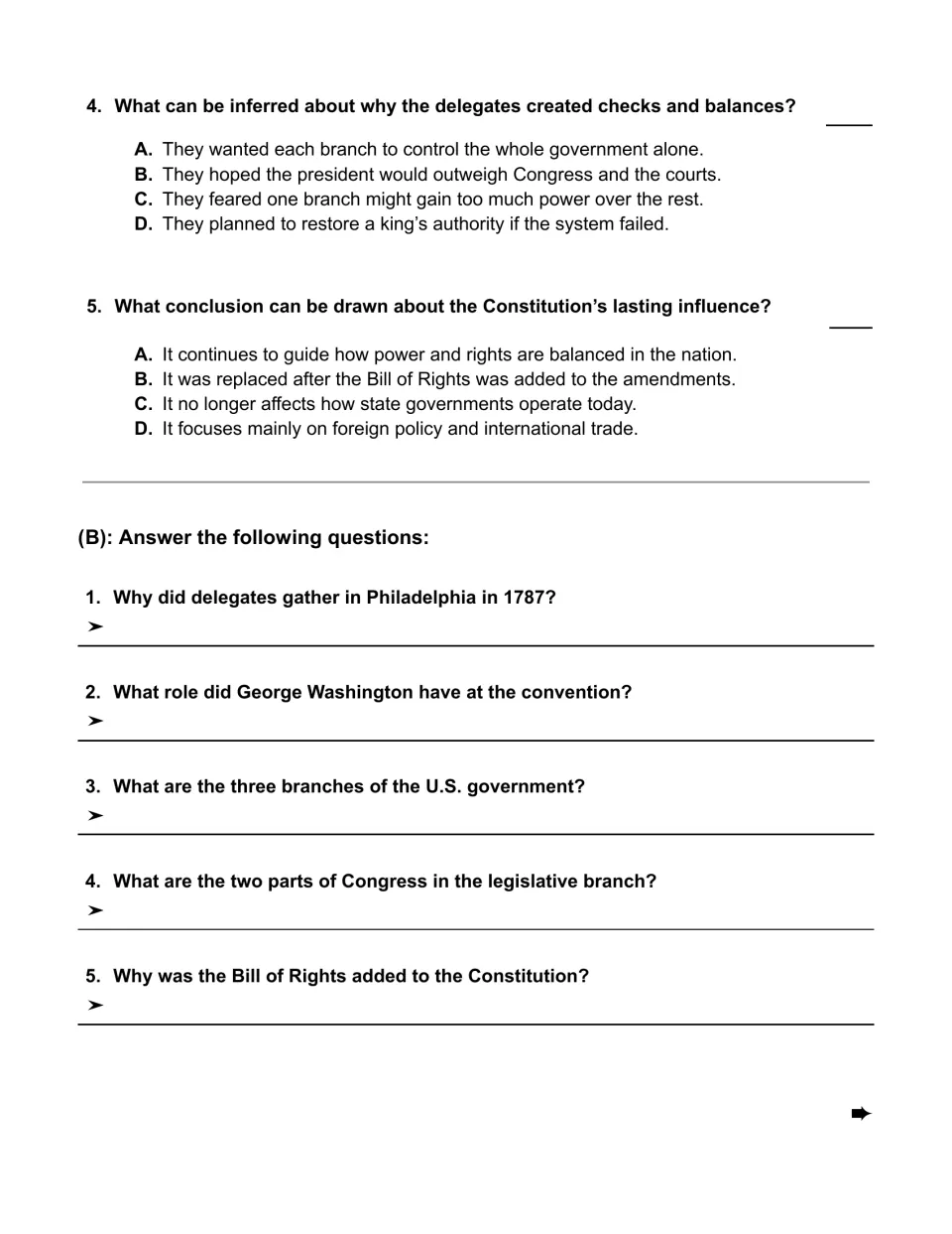 Constitution comprehension questions: multiple-choice items 4–5 and five short-answer questions in section B
