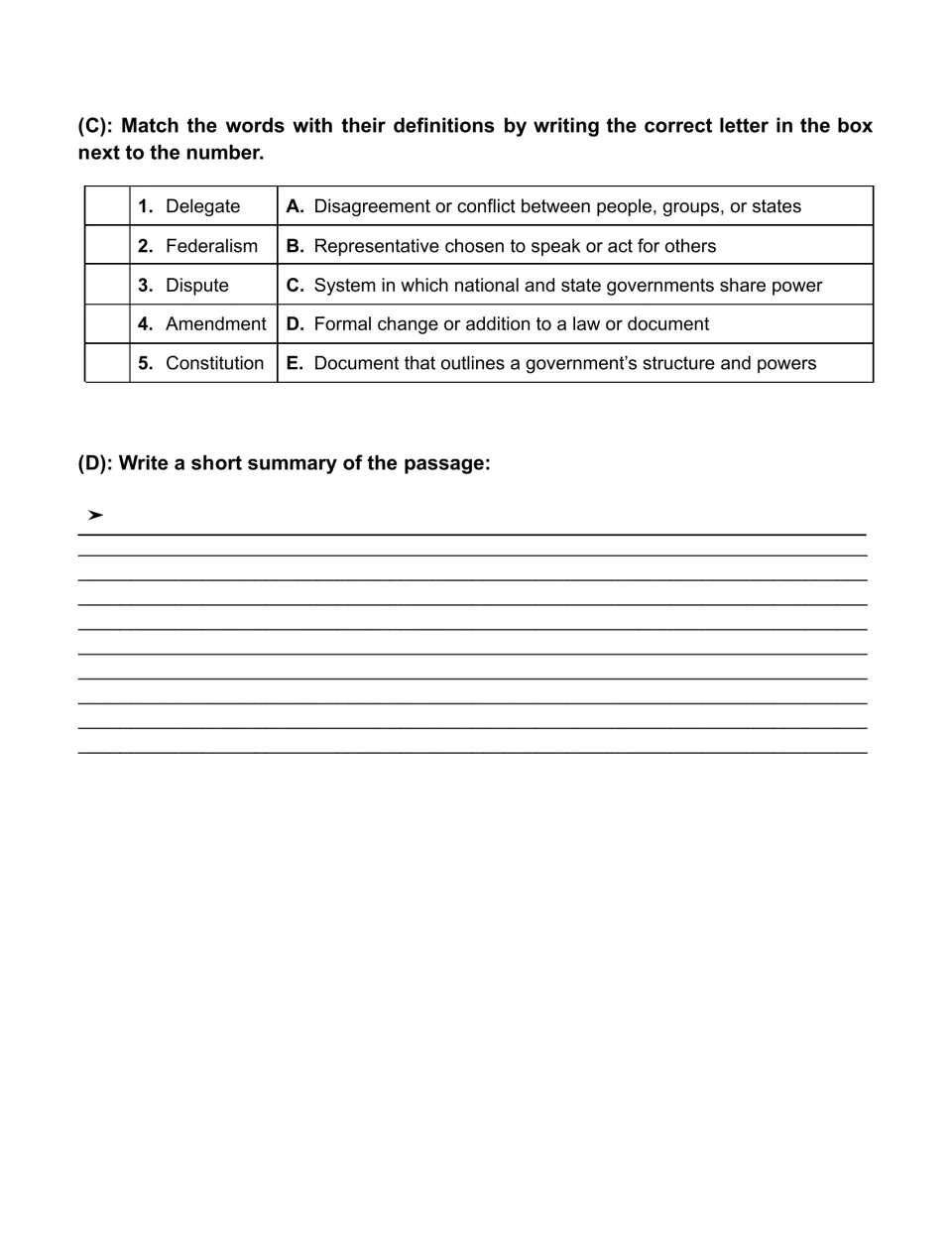 Constitution vocabulary matching: delegate, federalism, dispute, amendment, constitution; passage summary prompt