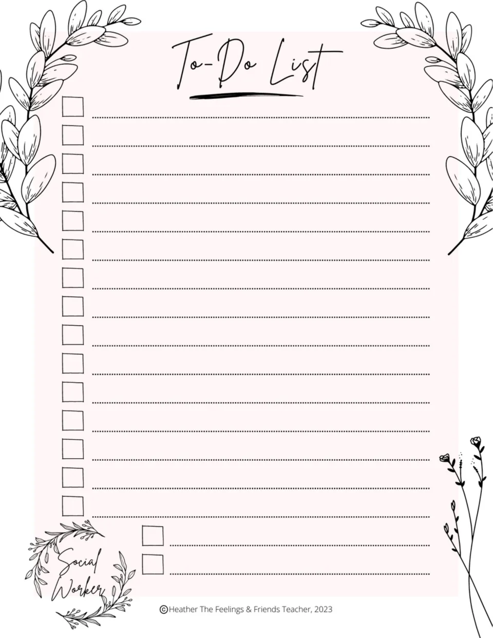 Full-sheet social worker To-Do List template for recording tasks and checking off completed items