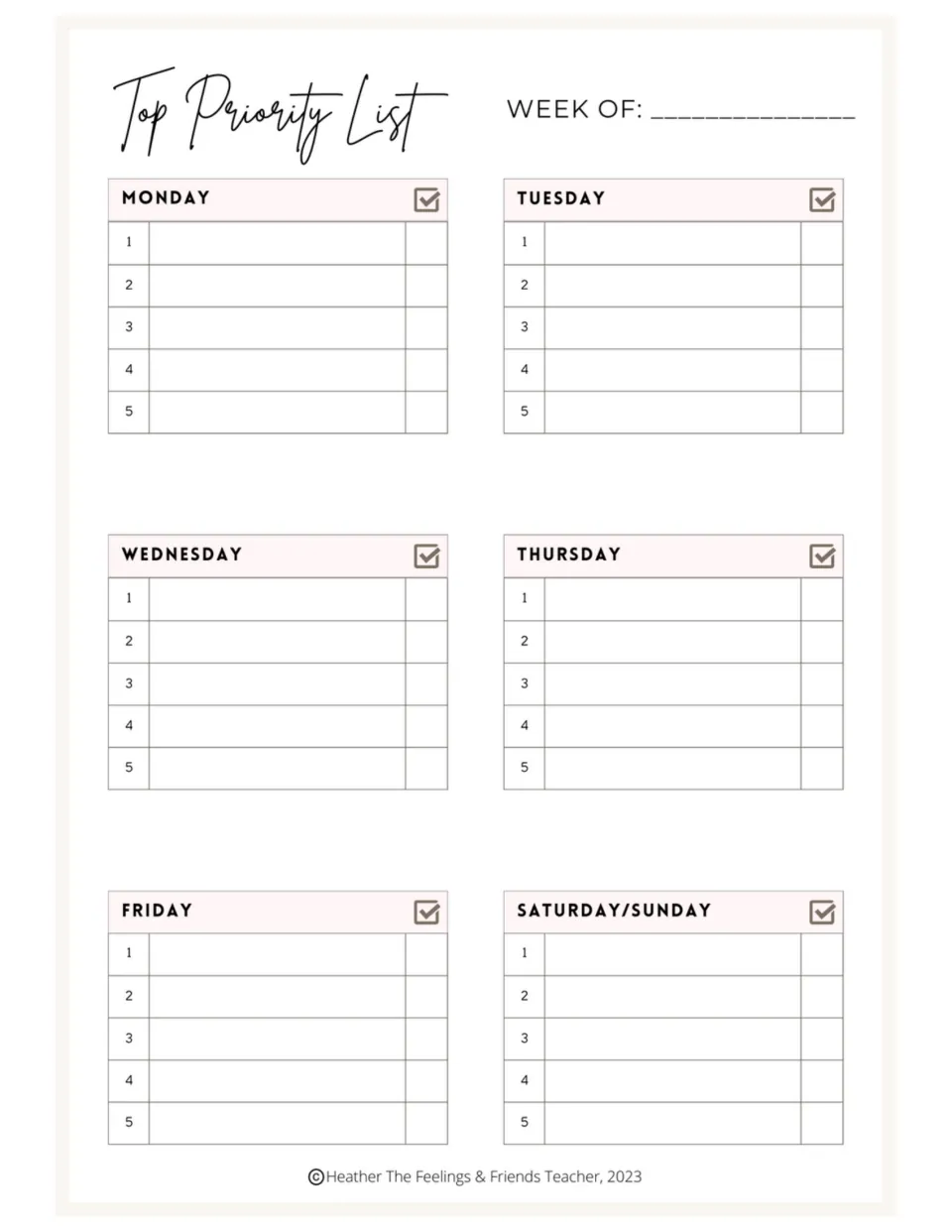 Weekly Top Priority List planner offers five task entries per weekday and five for Saturday/Sunday