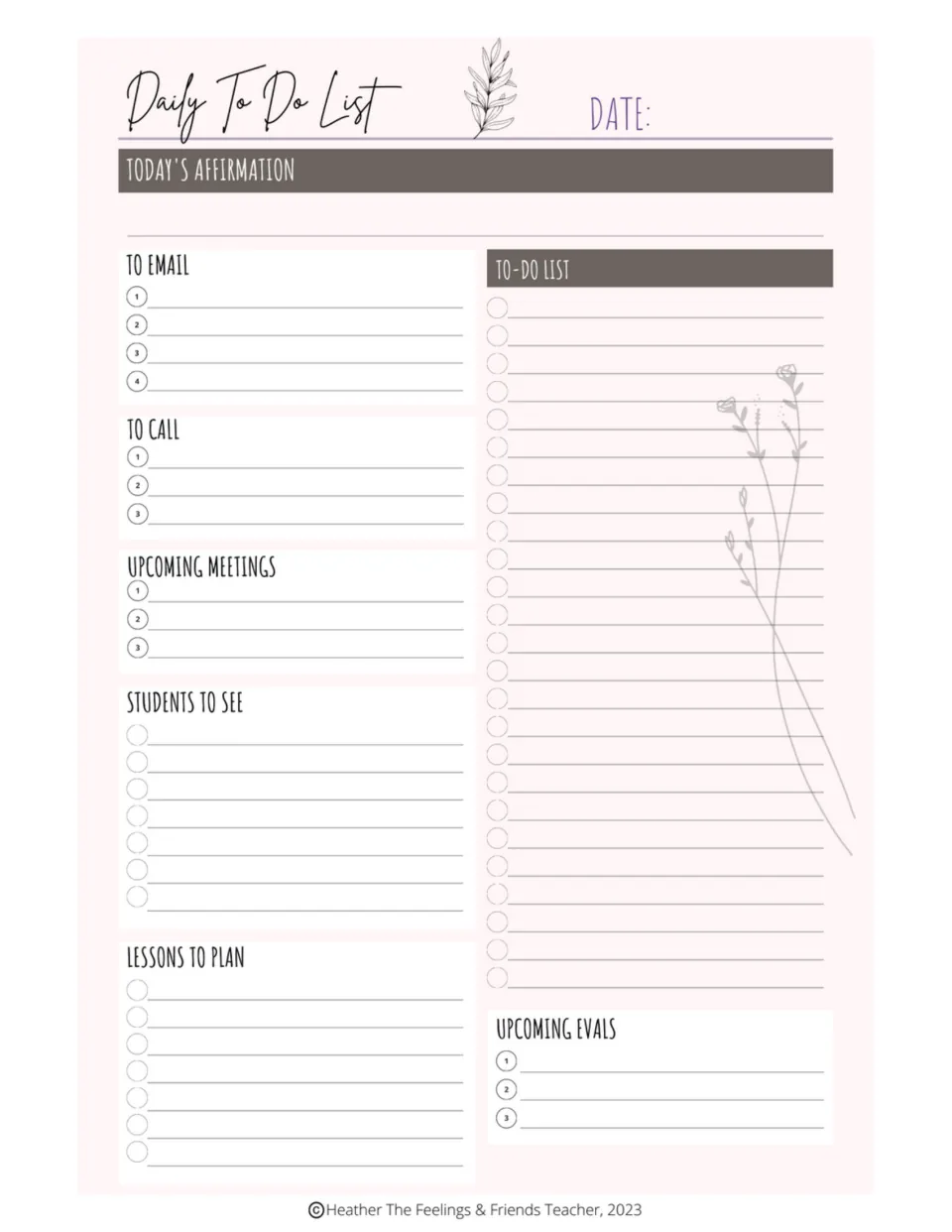 Daily To Do List planner includes an affirmation, emails, calls, meetings, students, lessons, and evals