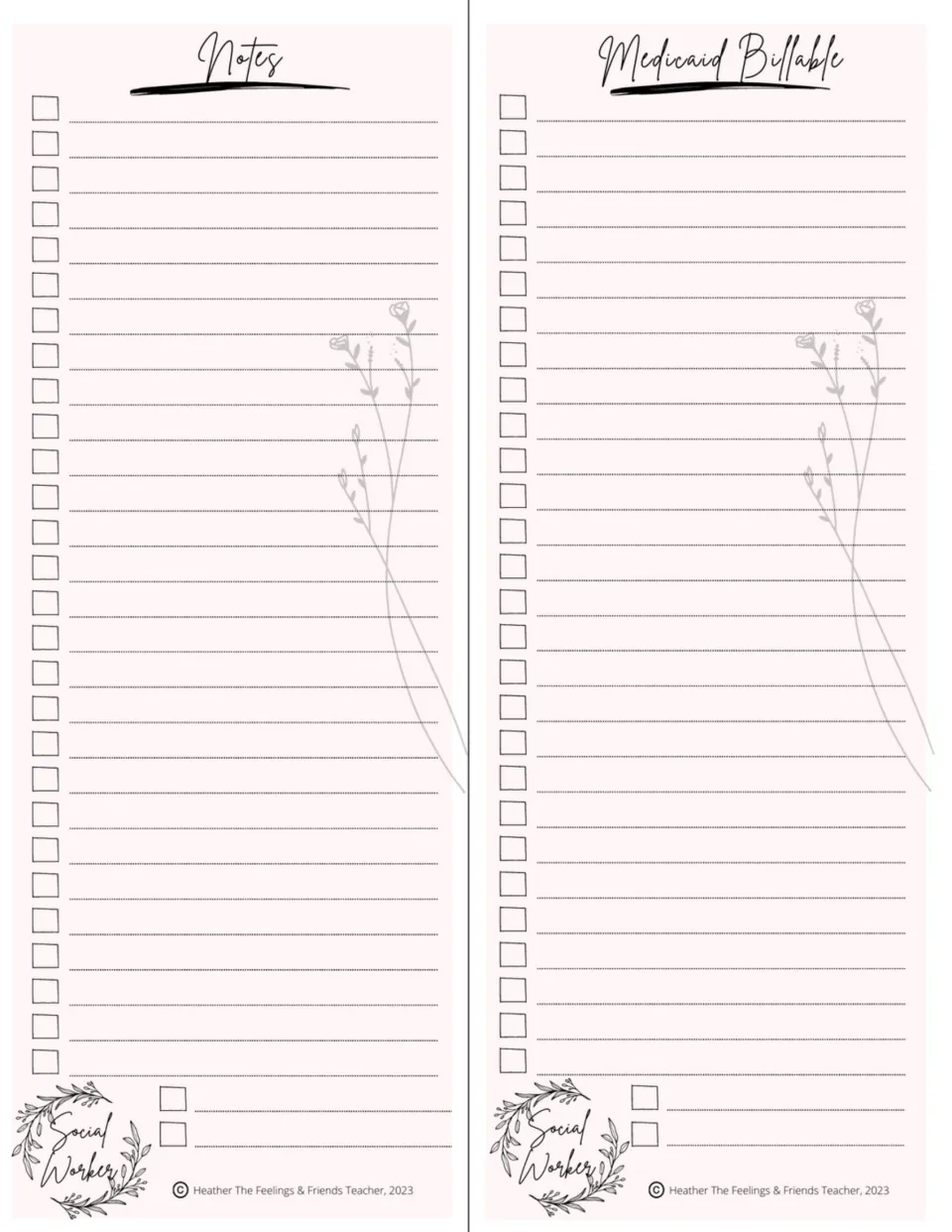 Paired half-sheet social worker lists labeled 'Notes' and 'Medicaid Billable' for notes and billing tasks