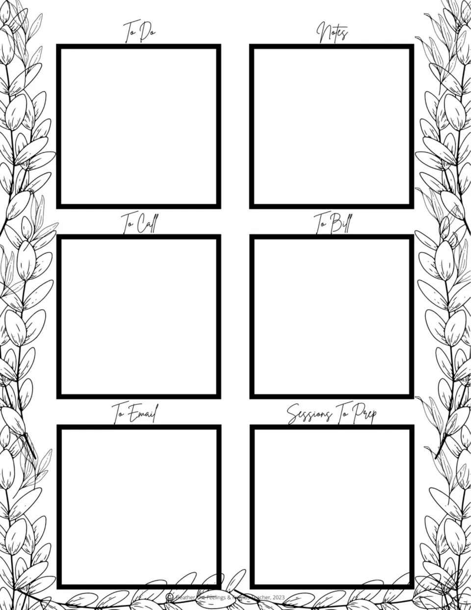 Sticky note template categories: To Do, Notes, To Call, To Bill, To Email, and Sessions To Prep