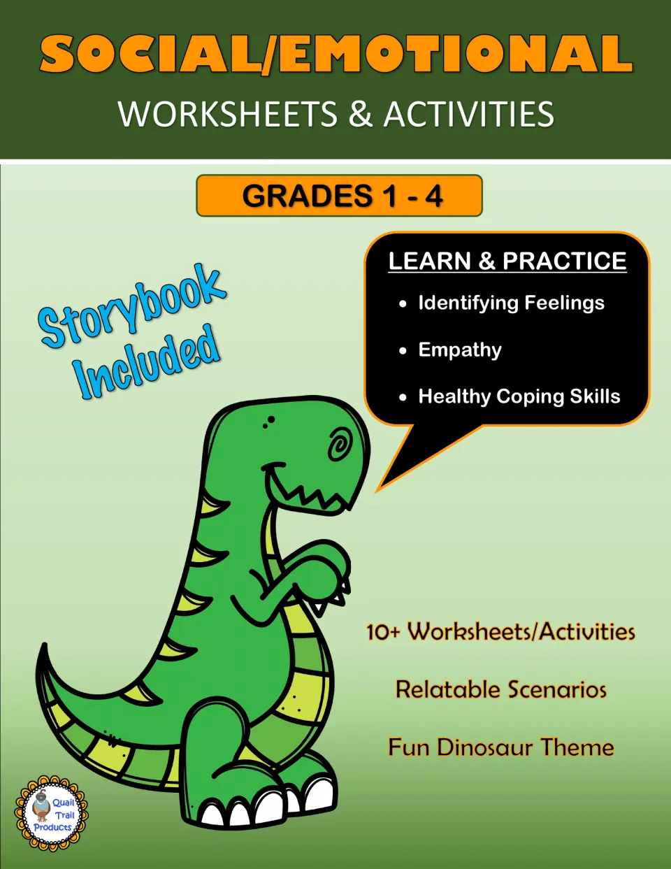 Social/emotional worksheets cover, grades 1-4, with dinosaur storybook on identifying feelings, empathy and coping skills