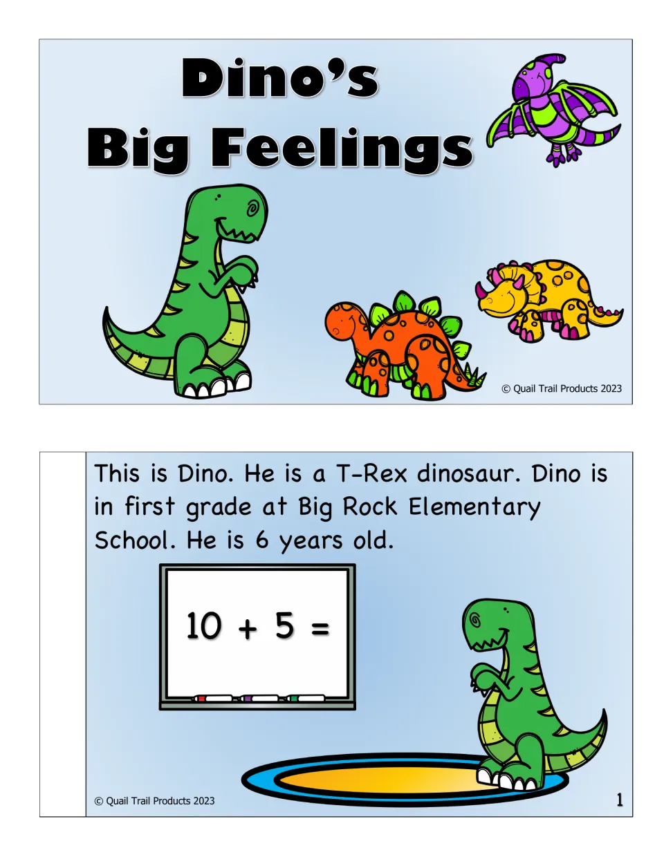 Dino's Big Feelings storybook title page and page 1: meet Dino, a 6-year-old T-Rex in first grade at Big Rock Elementary