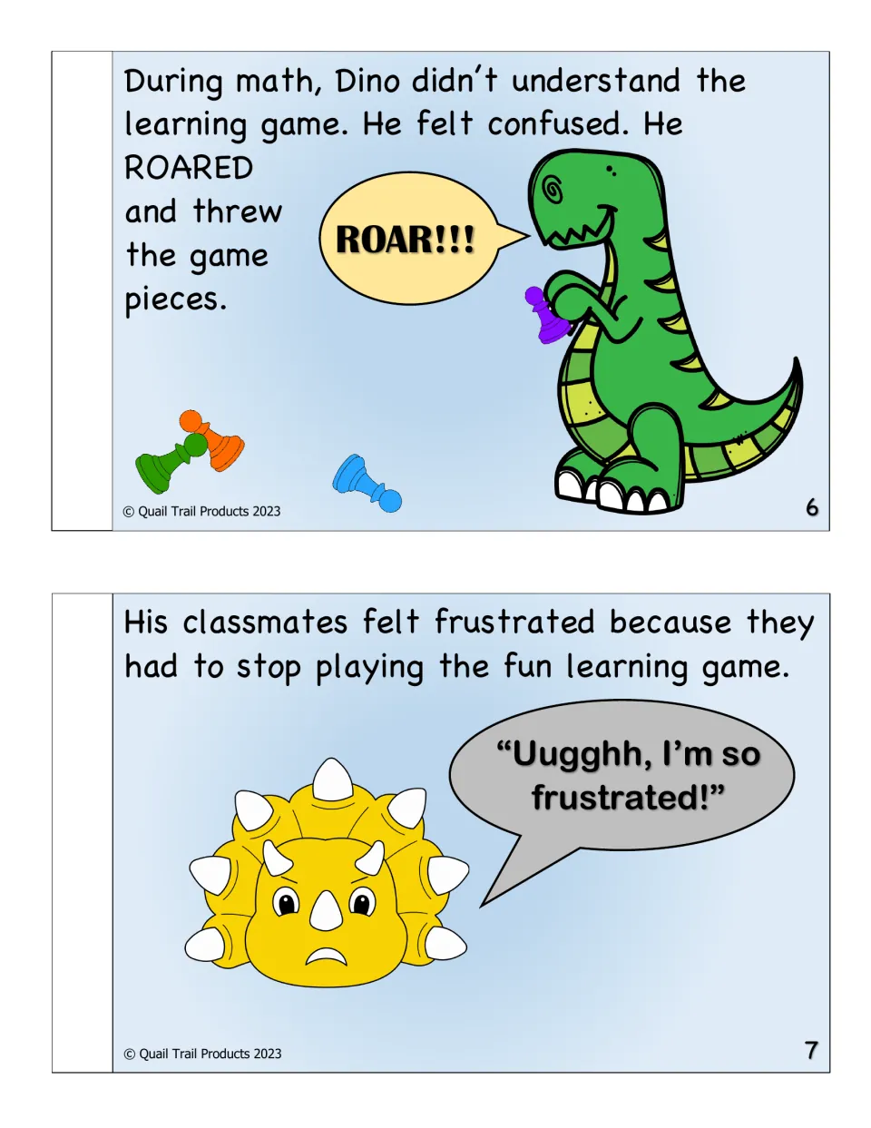 Storybook pages 6-7: confused in math, Dino roars and throws game pieces, leaving a triceratops classmate frustrated
