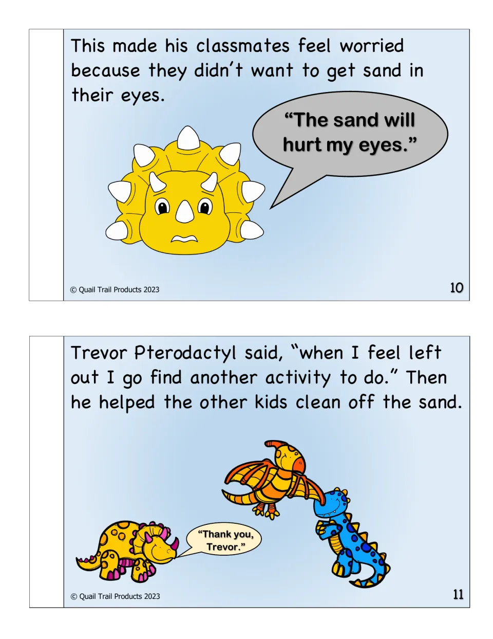 Storybook pages 10-11: classmates worry about sand in their eyes; Trevor Pterodactyl finds another activity instead