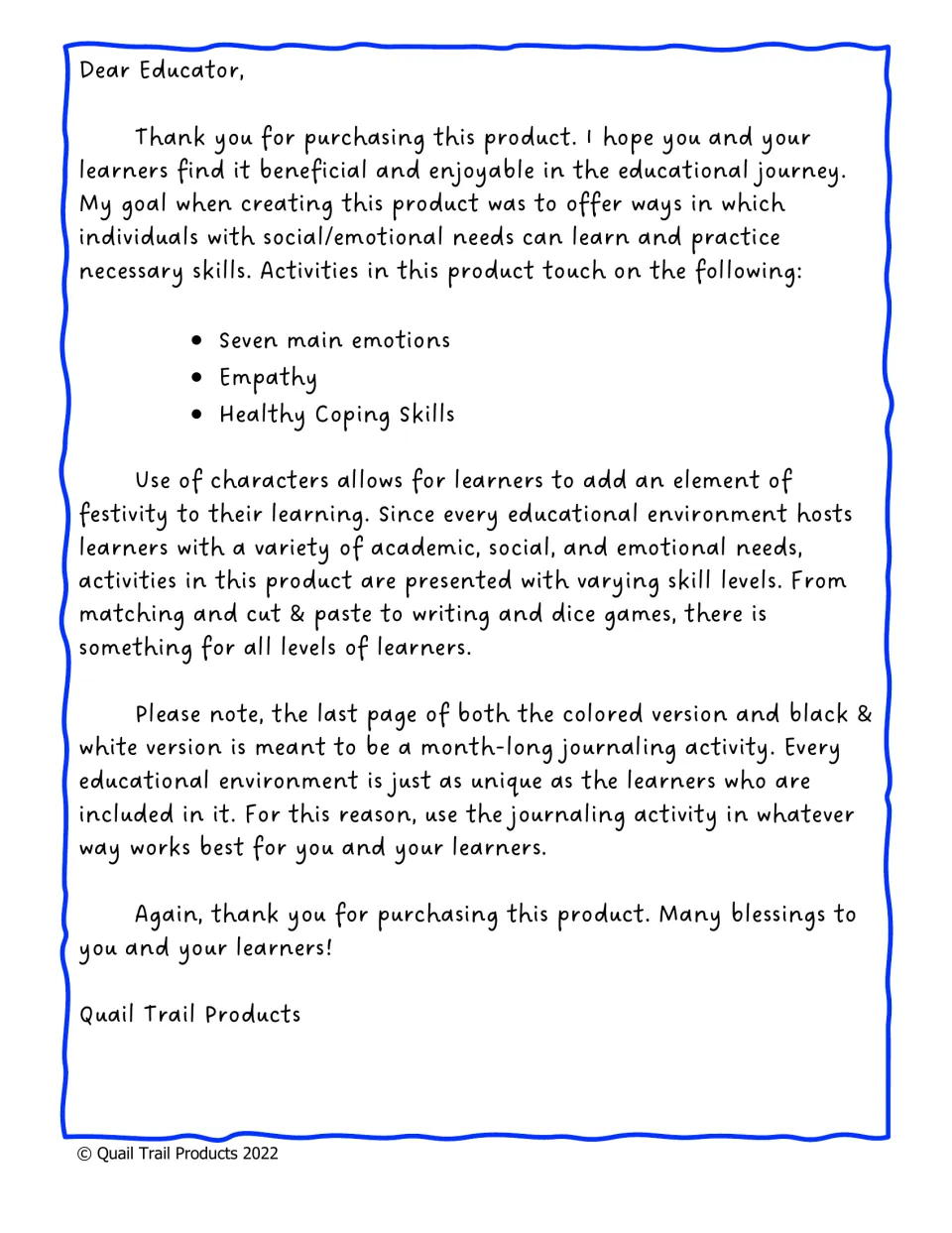 Dear Educator letter: activities cover seven main emotions, empathy and coping, plus a month-long journaling last page