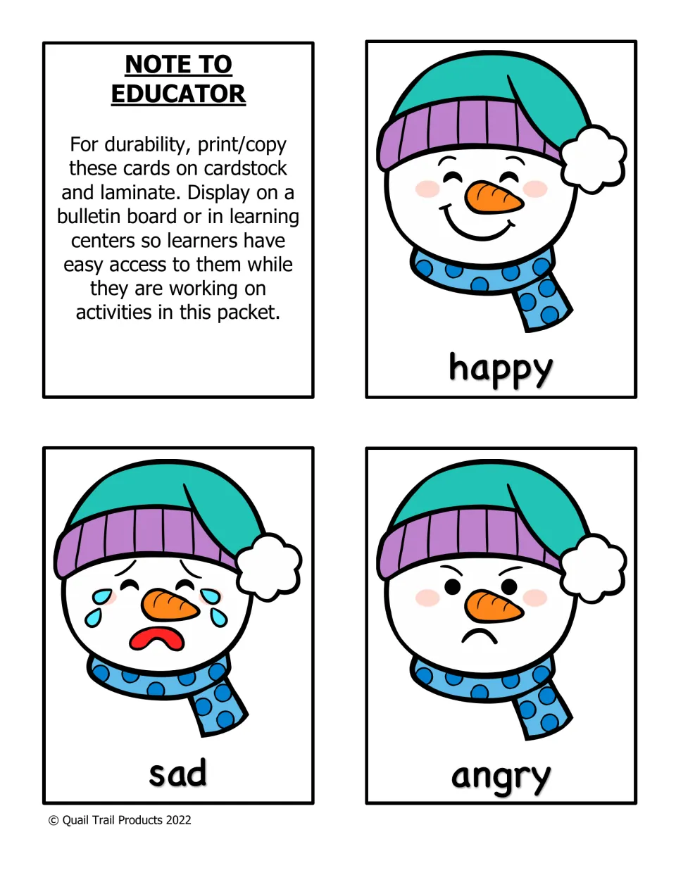 Emotion cards for happy, sad and angry: snowman faces showing each feeling, with a note to print on cardstock and laminate
