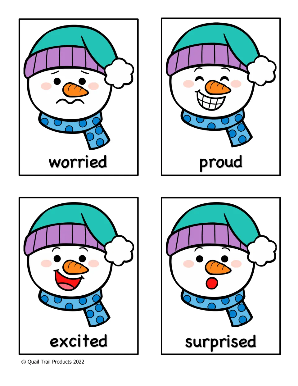 Emotion cards for worried, proud, excited and surprised, each showing a snowman face that models the matching expression