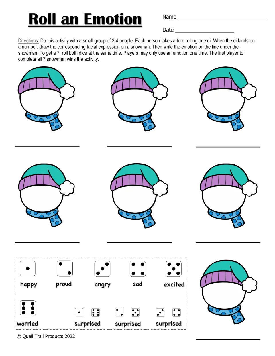 Roll an Emotion dice game: players roll, draw the matching face on a blank snowman and write the emotion word under it
