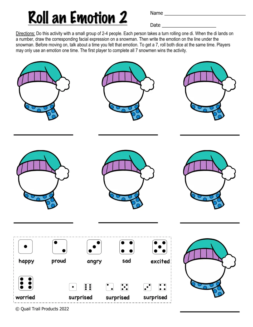Roll an Emotion 2: roll dice, draw and label the emotion on a snowman, then talk about a time you felt that emotion