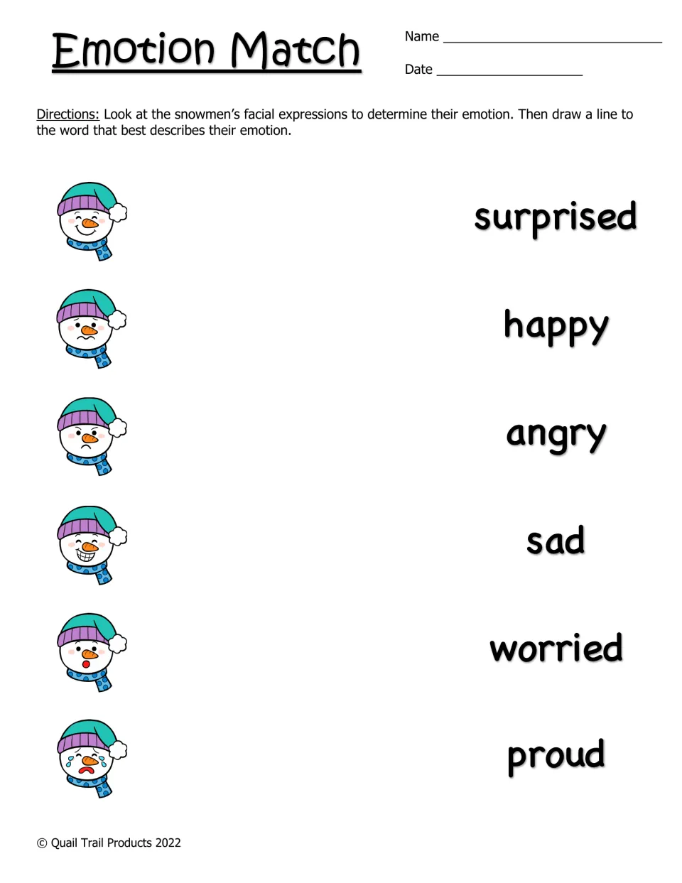 Emotion Match: students read six snowman facial expressions and draw a line to the feeling word, such as sad or proud