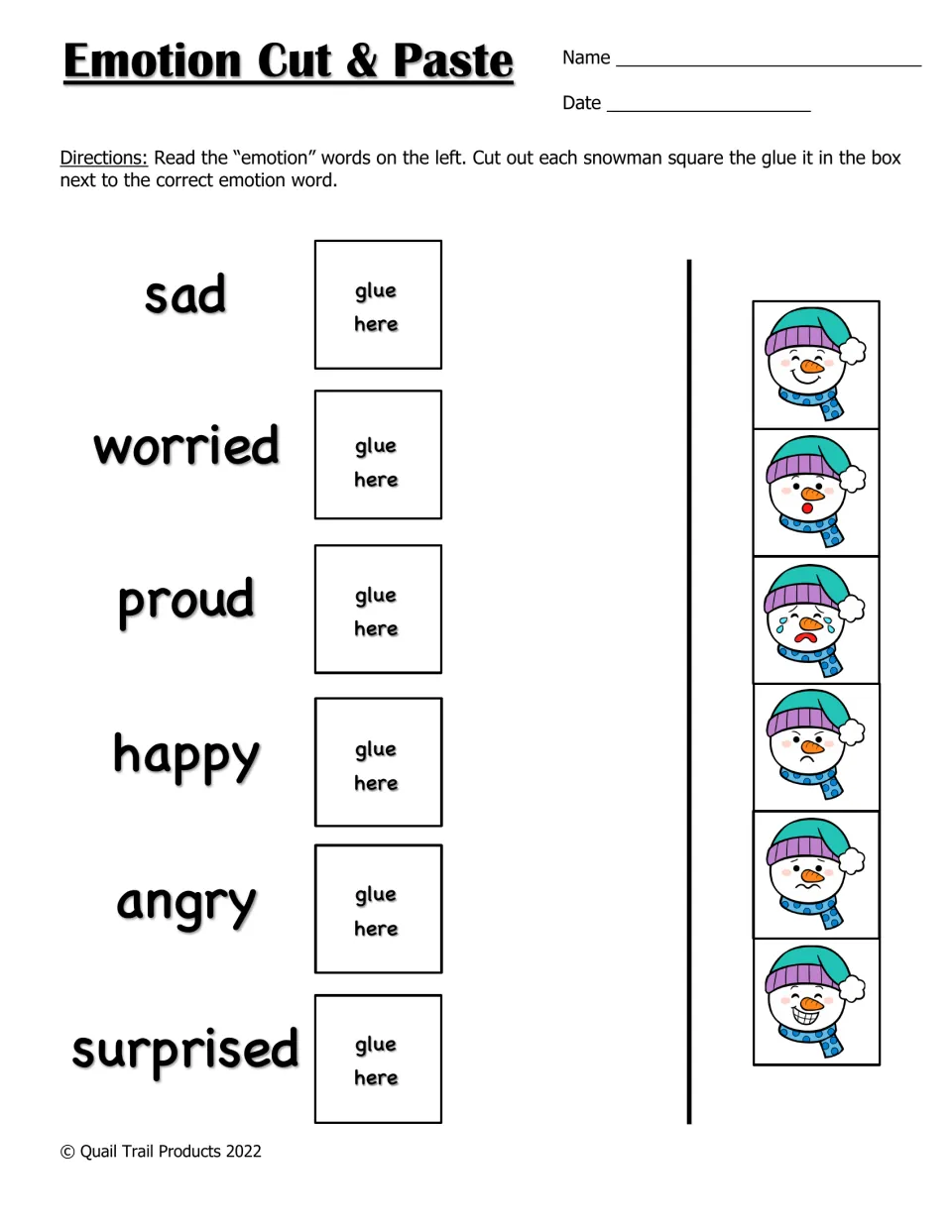 Emotion Cut & Paste: students cut out six snowman faces and glue each beside its word, from sad and worried to surprised