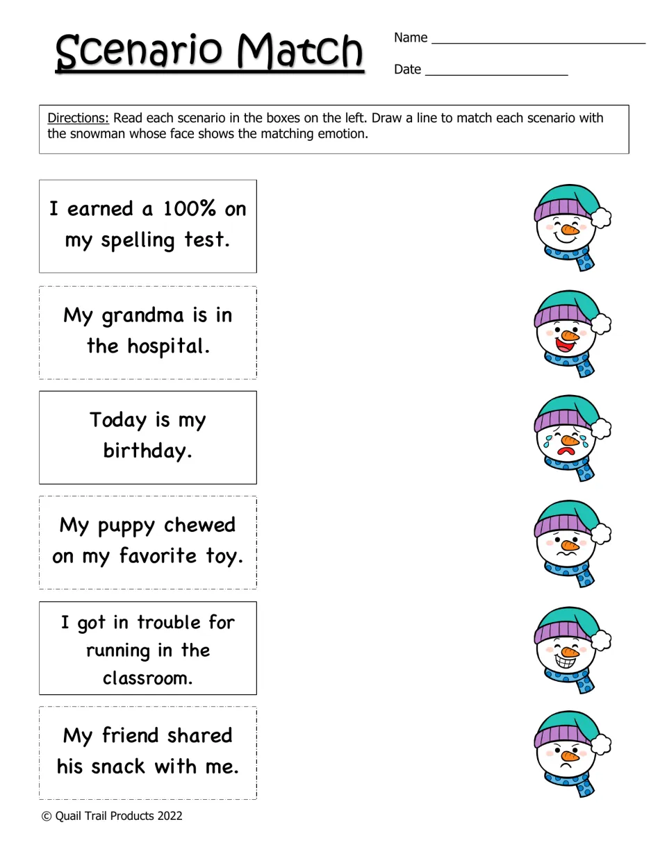 Scenario Match: students read events like a 100% spelling test or grandma in the hospital and link each to a snowman face