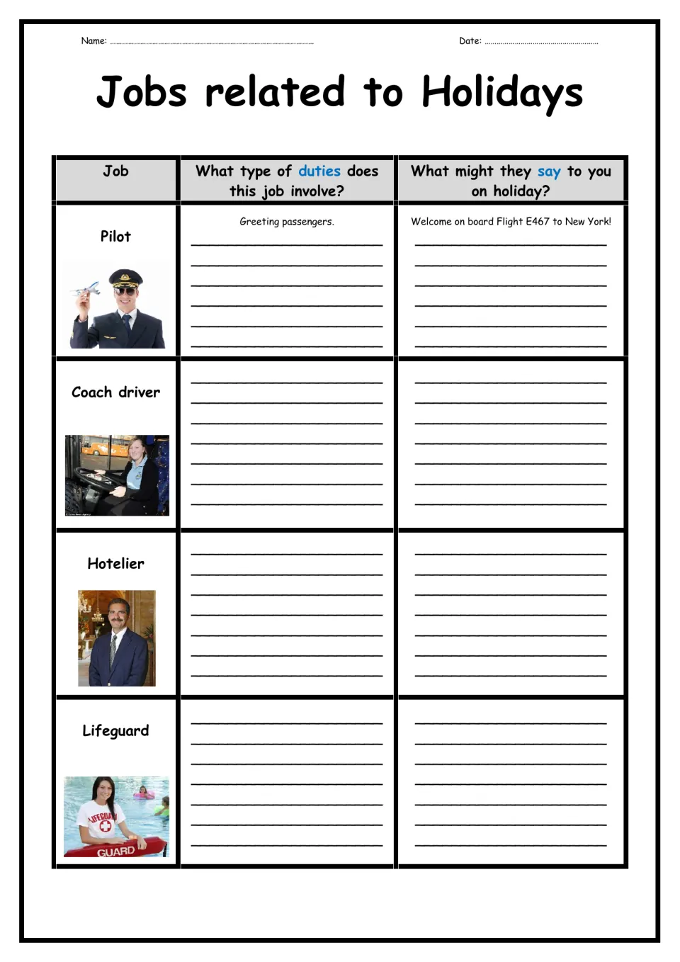 Jobs related to Holidays: students write duties of a pilot, coach driver, hotelier and lifeguard and what each might say