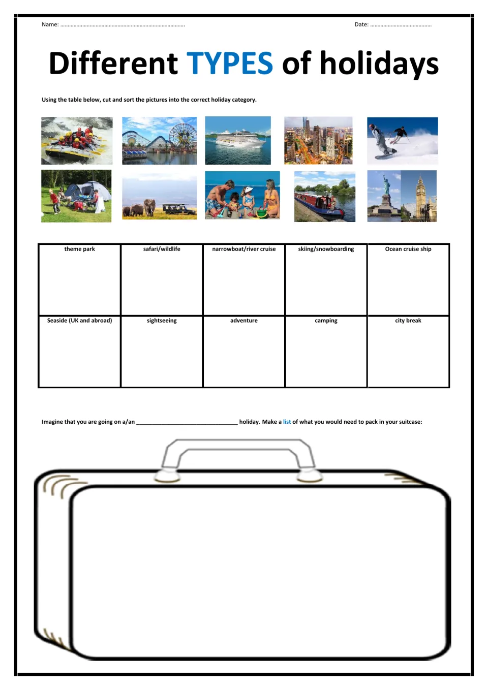 Types of holidays: students cut and sort 10 photos into categories like safari and camping, then list items to pack