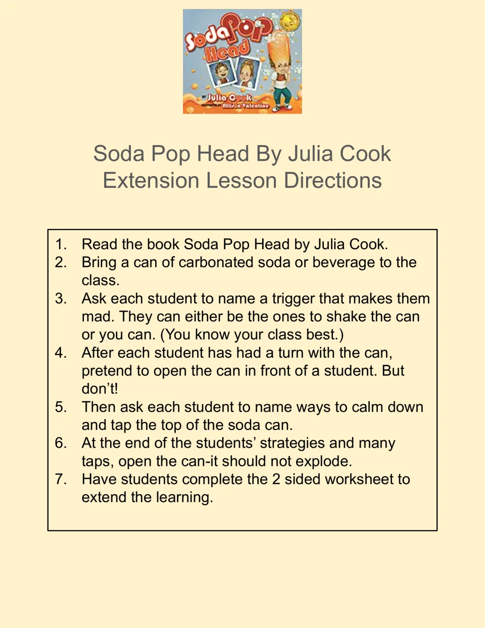 Soda Pop Head lesson directions: students name anger triggers as a soda can is shaken, then calming ideas as they tap it