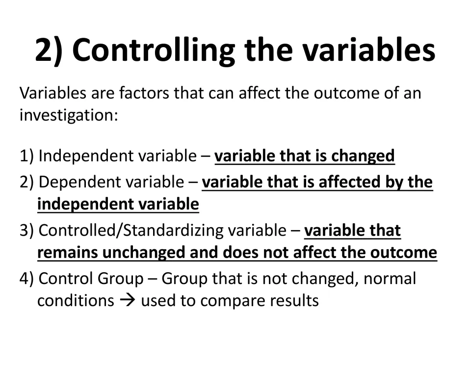 Controlling variables notes defining independent, dependent and controlled variables plus the control group