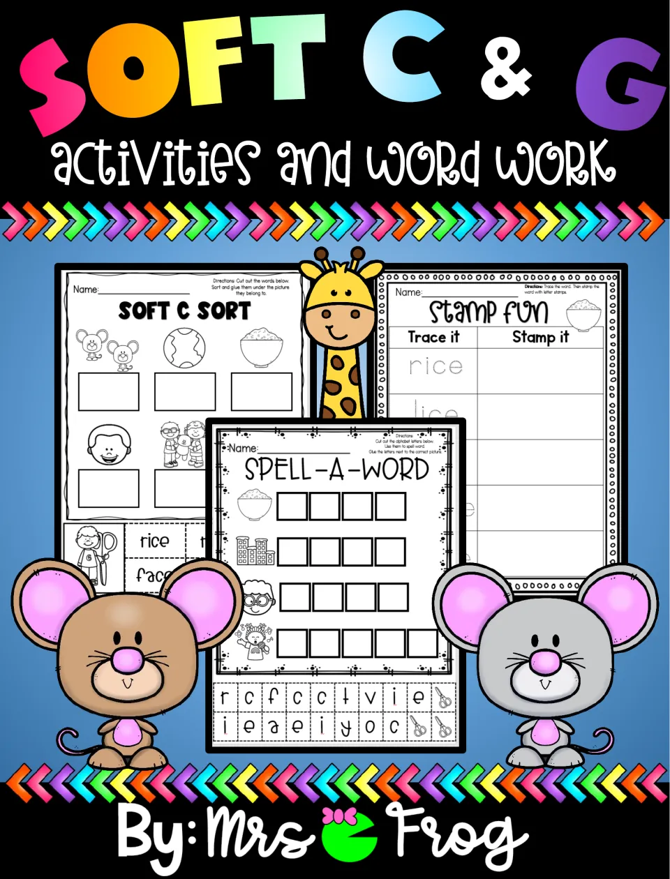 Soft C and G activities cover showing a Soft C Sort, Stamp Fun trace-and-stamp page and Spell-a-Word cut-and-glue page