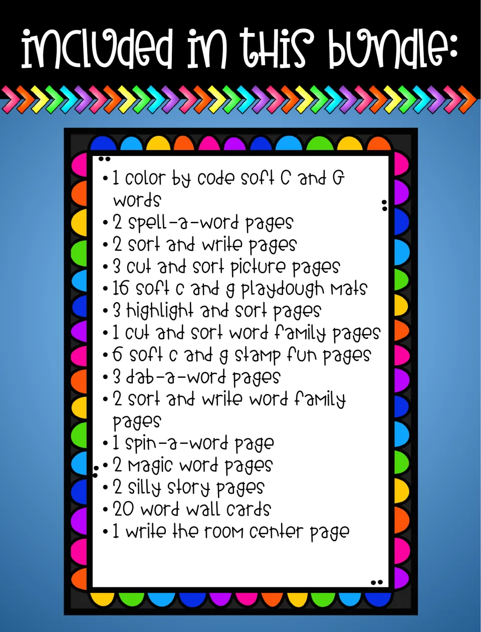 Bundle contents list of 15 activity types, including 16 playdough mats, 6 stamp fun pages and a write the room center
