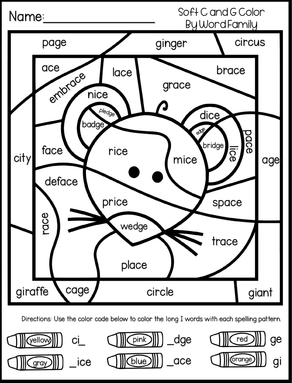 Color by word family mouse picture: students color soft c and g words such as city, badge and space by spelling pattern