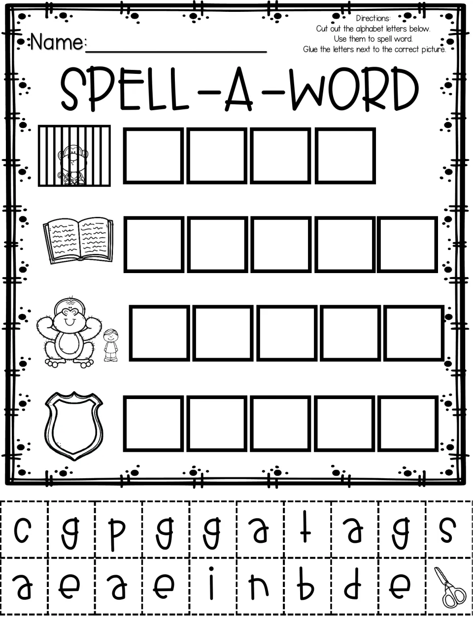 Spell-a-word with soft g: students cut out letters to spell cage, page, giant and badge beside each picture