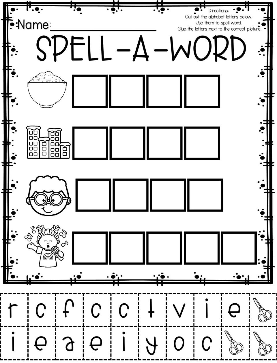Spell-a-word with soft c: students cut out letters to spell rice, city, face and voice next to each picture