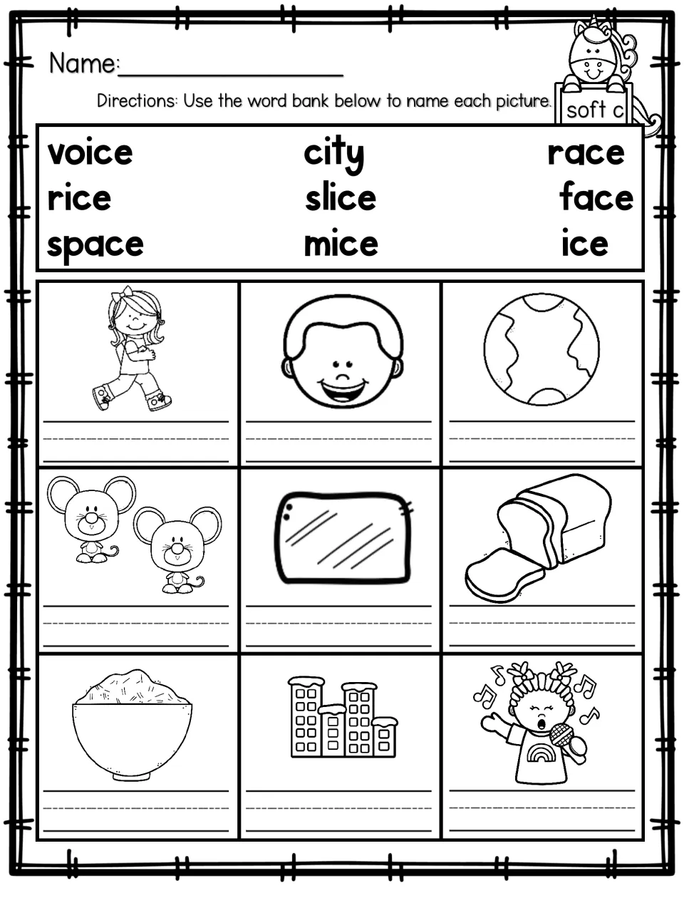 Soft c word bank: students write race, face, space, mice, ice, slice, rice, city or voice under nine pictures