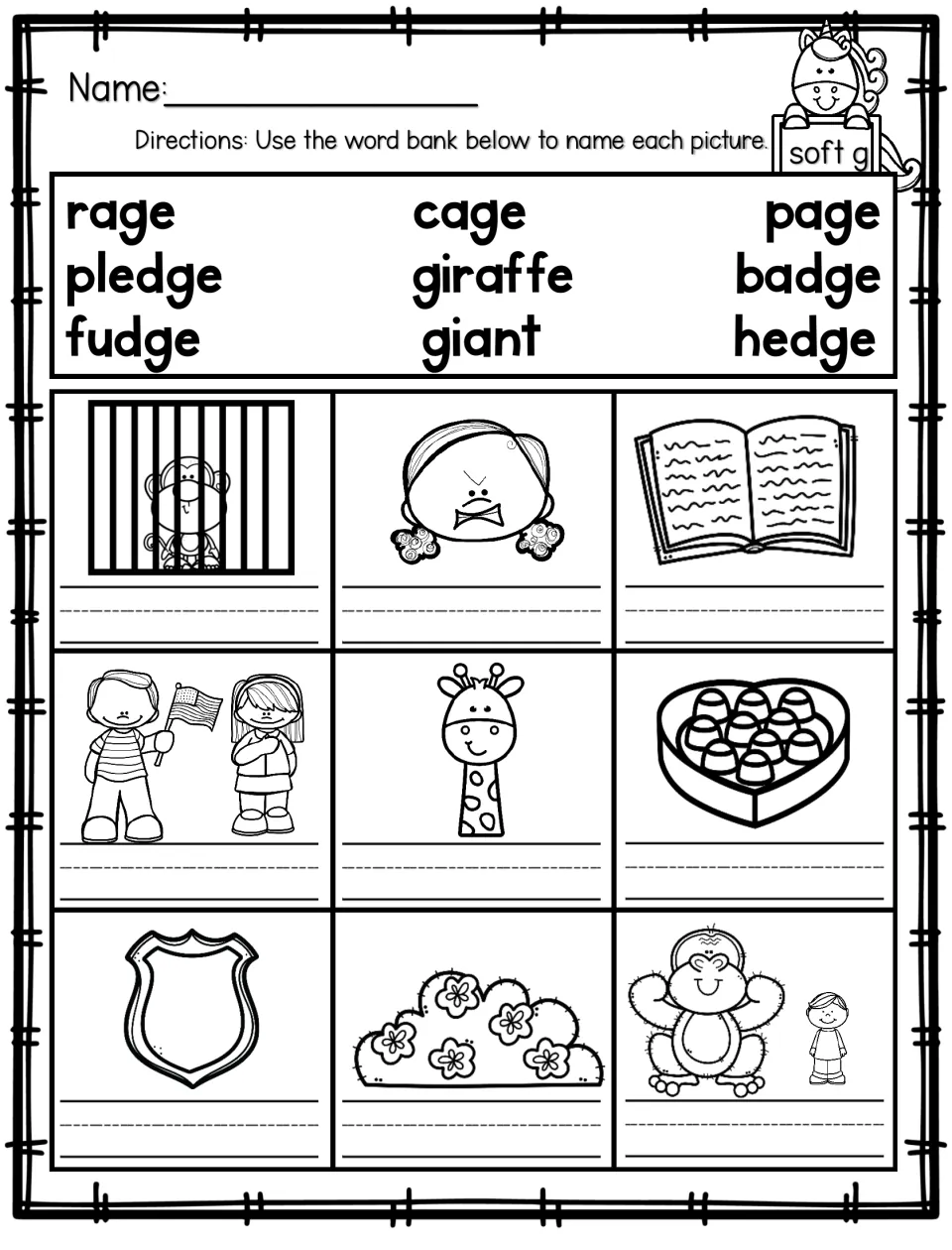 Soft g word bank: students write cage, rage, page, pledge, giraffe, fudge, badge, hedge or giant under nine pictures