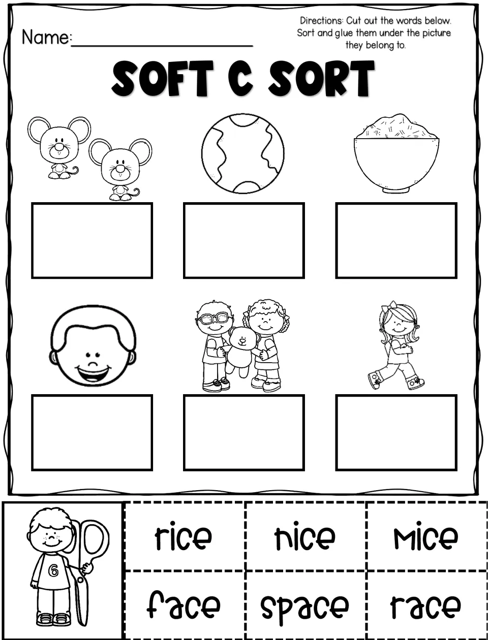 Soft C Sort: students cut out rice, nice, mice, face, space and race and glue each under its matching picture