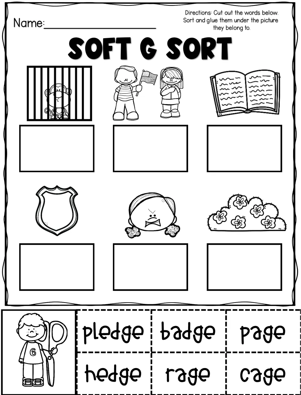 Soft G Sort: students cut out pledge, badge, page, hedge, rage and cage and glue each word under the right picture