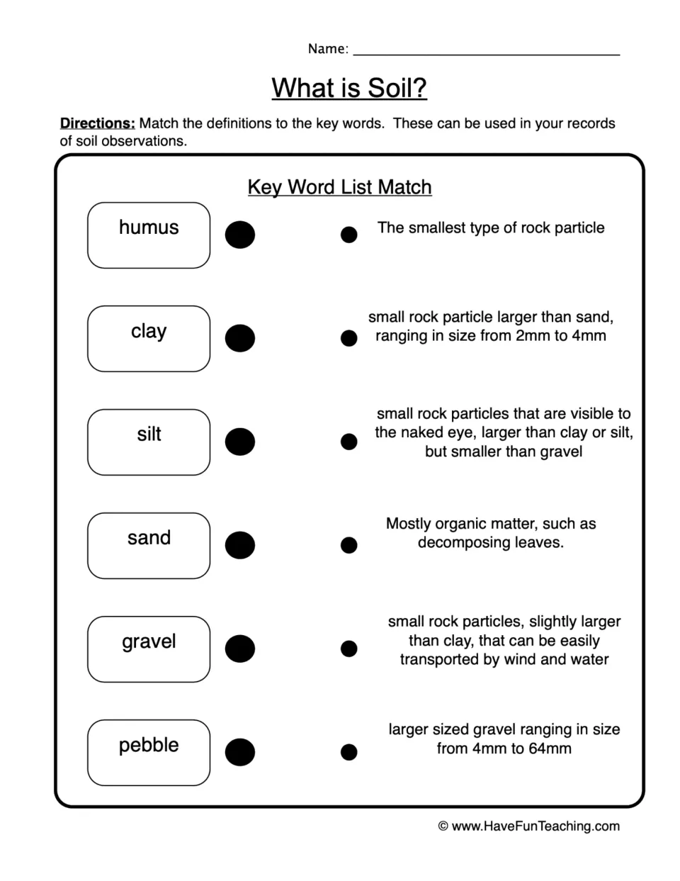What is Soil? vocabulary match: students connect humus, clay, silt, sand, gravel and pebble to their definitions