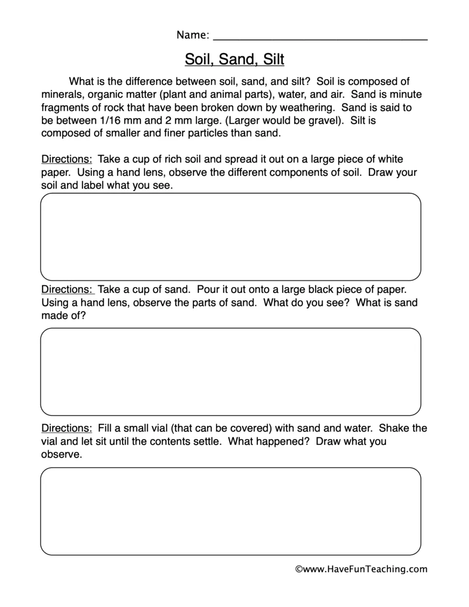 Science worksheet: soil and sand observations with a hand lens, followed by a sand-and-water settling experiment.