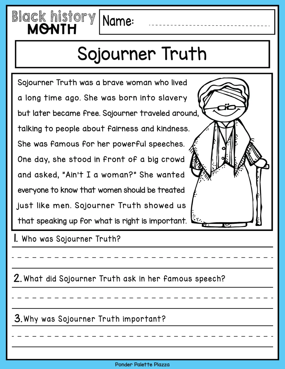 Sojourner Truth biography passage: students read about her life and speech, then answer 3 comprehension questions