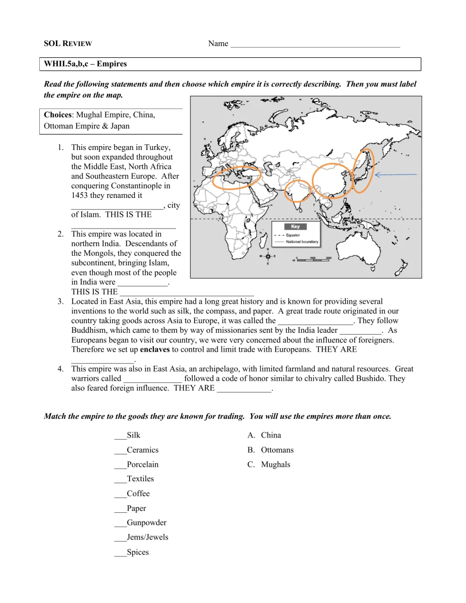Empires review: identify the Ottoman Empire, Mughals, China, and Japan, label a map, and match trade goods.