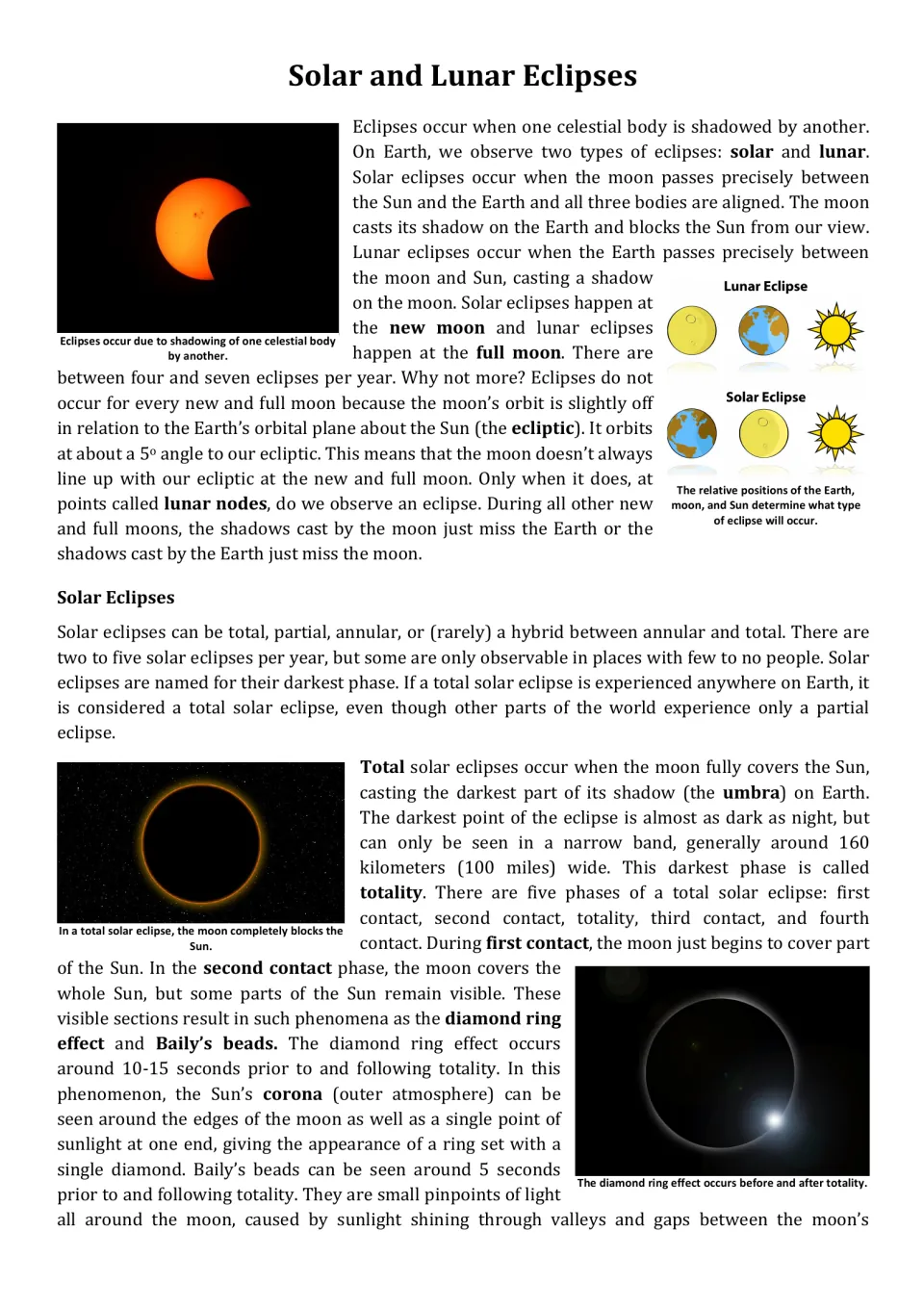 Eclipse article opening: how solar and lunar eclipses form, lunar nodes, and total solar eclipse phases like Baily's beads