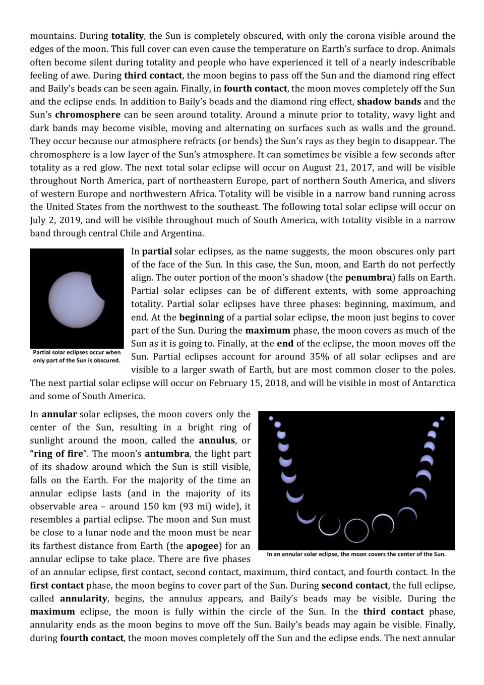 Eclipse article continued: totality, shadow bands, partial and annular solar eclipses, with a photo series of annularity
